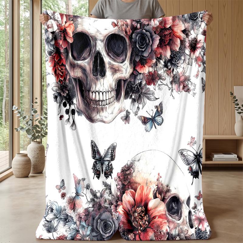 Skulls and Floral Butterflies Theme blanket Lightweight Warm Flannel Blanket Decorative Throw Blanket for Home Decoration