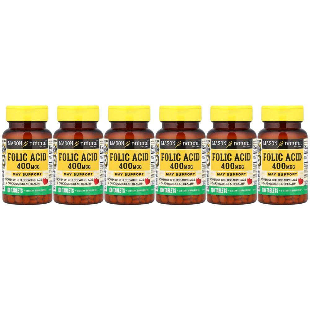 Mason Natural Vitamin Folic Acid 400mcg Tablets Gift for Fertility Women 100 Tablets 6 Pcs