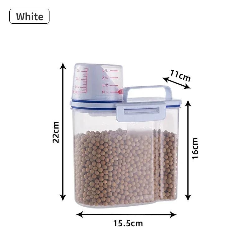 Fournitures de cuisine Seau de stockage alimentaire 1,5/2 kg Portable Résistant à l'humidité Réservoir de stockage avec tasse graduée Seau alimentaire Récipient en plastique