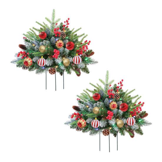 Lighted Artificial Christmas Urn Filler Battery Powered Pre-lit Xmas Pine Trees with LED Lights And Tripod Stake Holiday Planter Filler