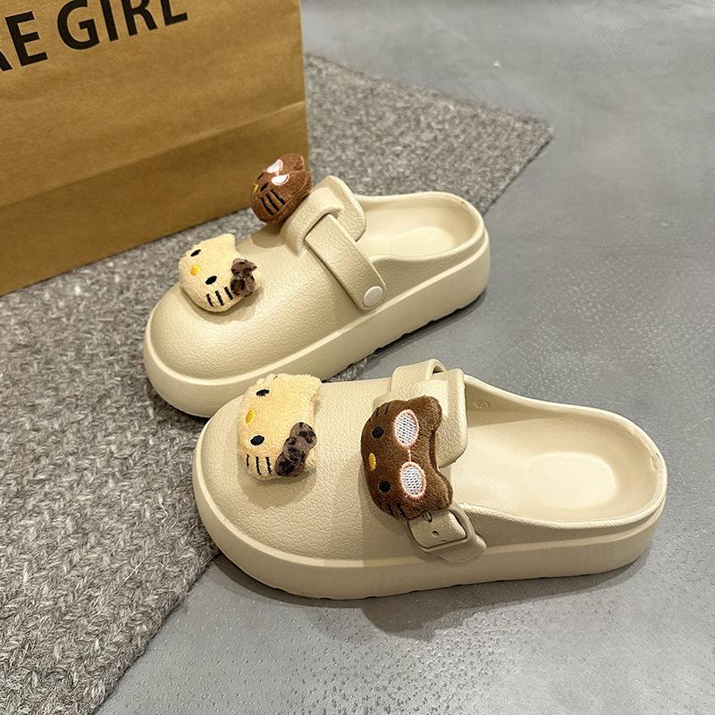 

Cartoon cat hole shoes women s spring new one-pedal bag head half drag thick-soled waterproof lazy cool slippers 40 хаки