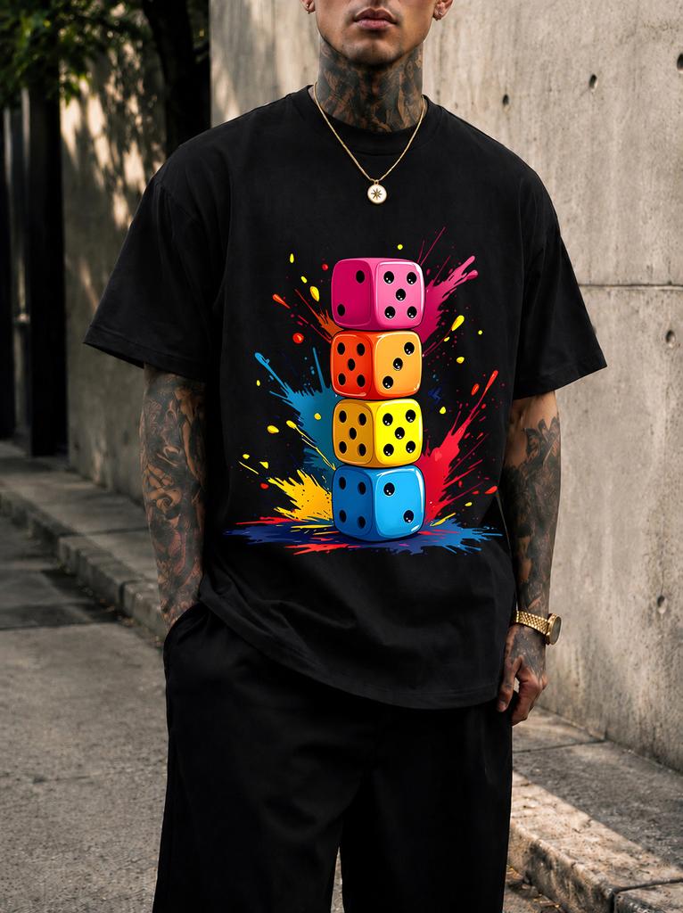 2026 New Pure Cotton Tshirt With Colorful Stacked Dice Ink Splash Graffiti Print Crew Neck Short Sleeve Casual Top