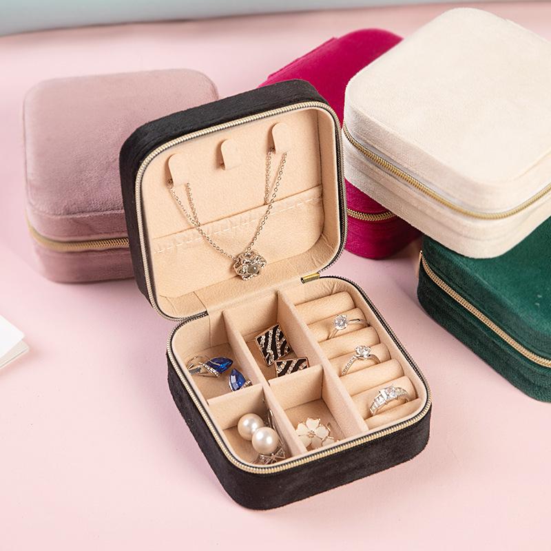 Joyero de terciopelo para mujer, organizador de collares, anillos y pendientes, portátil, de viaje, con cremallera, cuadrado, para guardar joyas.
