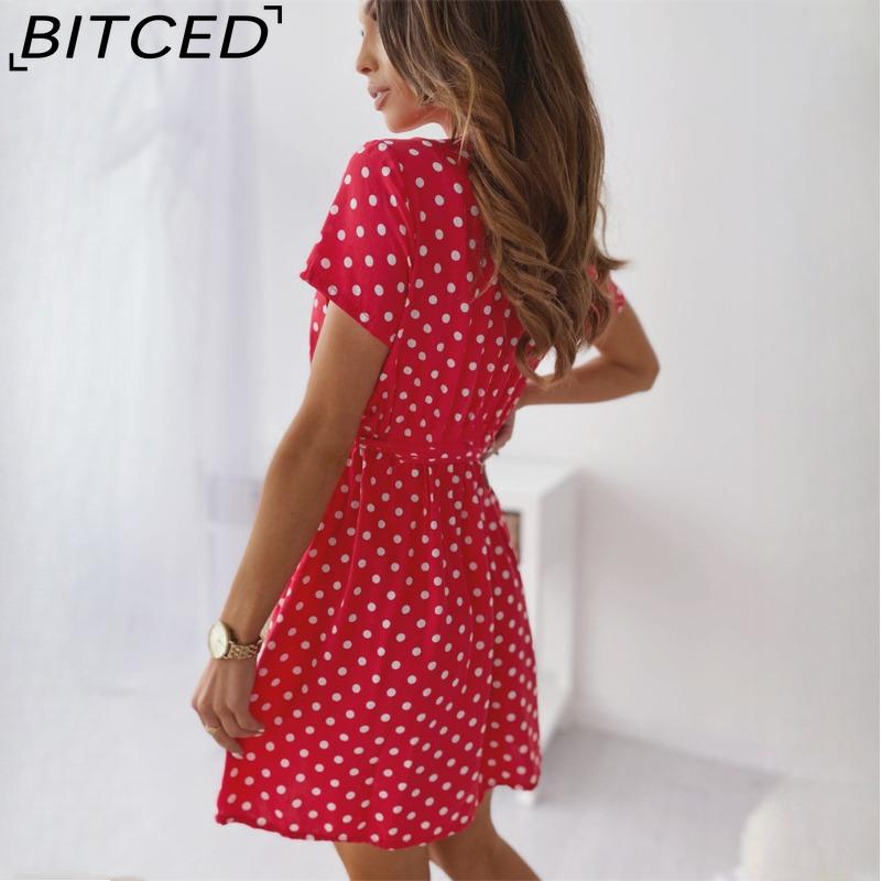 BITCED Moda Estiva Donna Abito Mini a Maniche Corte con Scollo a V Abito da Donna a Pois con Spacco Vestidos per Donna Festa in Spiaggia Abito Boho