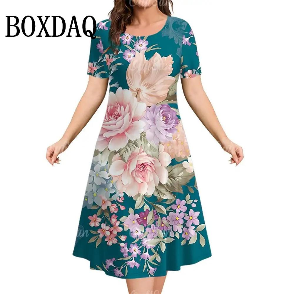 

Летние женские платья с круглым вырезом и коротким рукавом с 3D-принтом и красными цветами, свободные платья больших размеров, новое платье 3XL