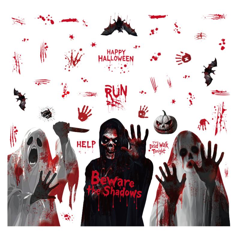 2025 Halloween Static Cling Stickers Scary Ghost Woman Bloody Handprint Window Decals For Spooky Party Home Decor