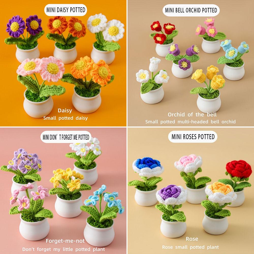 DIY Handwoven Mini Potted Flower Rose Tulip Daisy Office Desktop Ornamental Plant Woolen Thread Finished Product Home Decoration