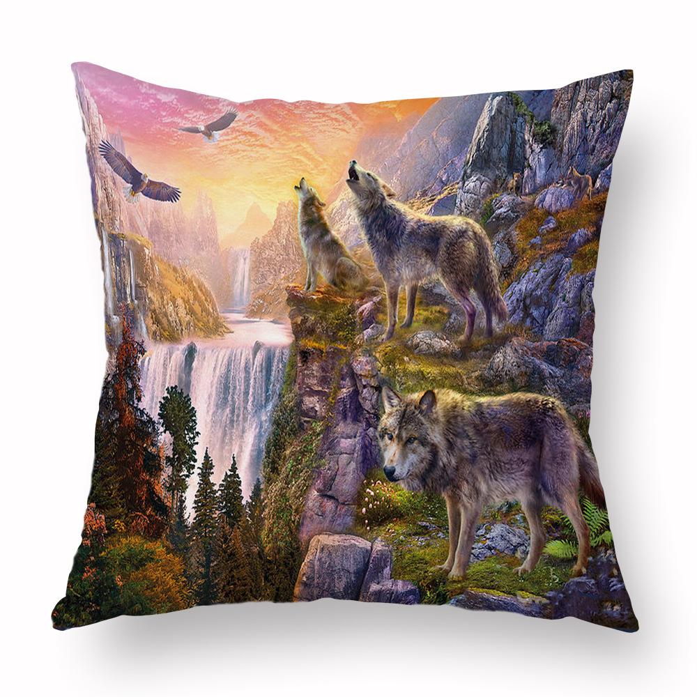 Animal Single Side Blue Cheap Covers for Cushions Vintage Wolf Polyester Decorative Pillows Sofa Case Chair Home Decor Fashion