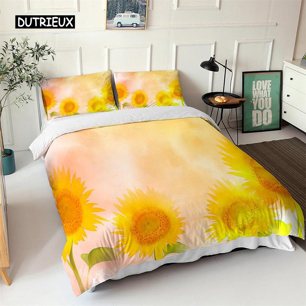 Sunflower Duvet Cover Set Yellow Flower Twin Bedding Set Polyester Black Gold Yellow Sunflowers Print Quilt Cover for Kids Teens