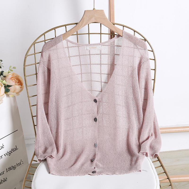 

Летний кардиган с солнцезащитой в сочетании с трикотажным свитером из ледяного шелка для женщин, короткое и ультратонкое пальто One Size розовый