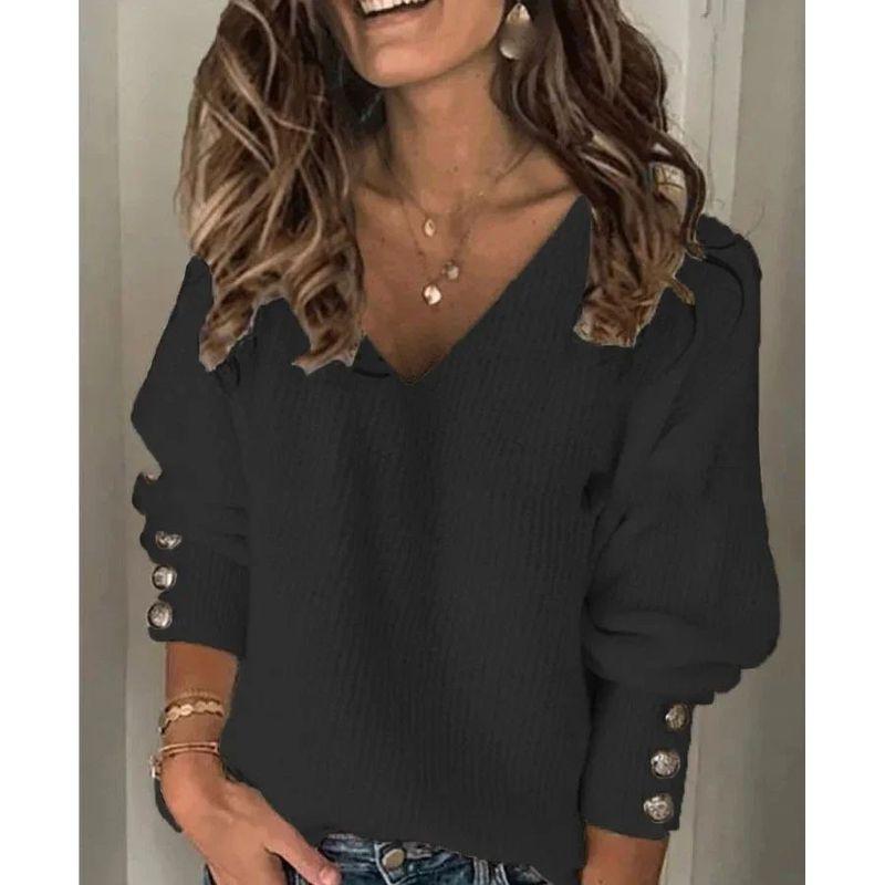 

Loose Solid Color V-neck Knited Sweater Loose Pure Color V-neck Sweater Black XXXL(XXXL)