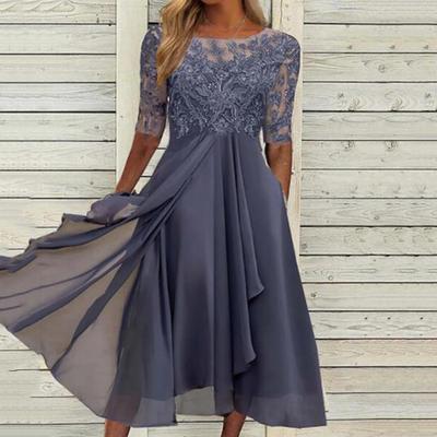 Rochie de domnișoară de onoare cu gât rotund, mâneci semi, tiv neregulat fluid, elegantă, cu aplicații patchwork din dantelă croșetată și șifon, rochie midi pentru invitat, îmbrăcăminte feminină