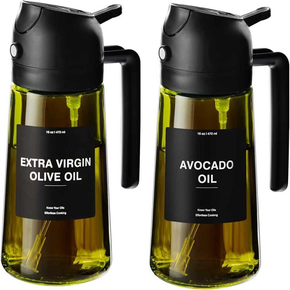 Olive Oil Dispenser,Sprayer for Cooking 2 in 1- Spray and Pour,Dark Green Glass Oil Bottlewith Stickers,16oz/470ml Oil Sprayer 6