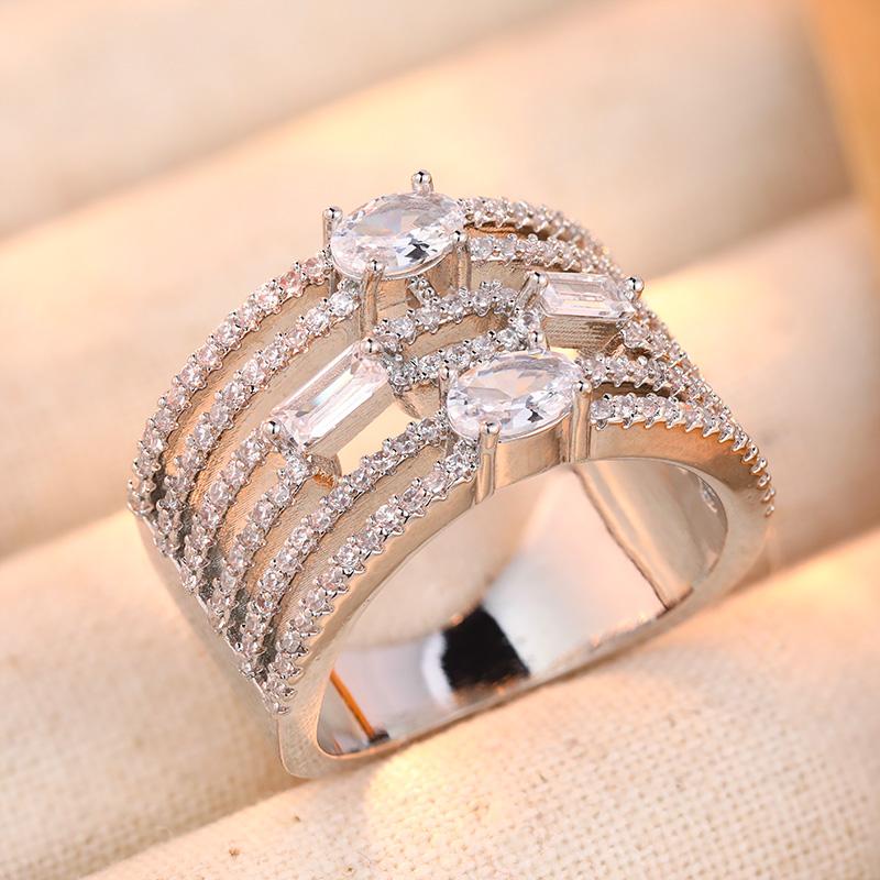 Exquisite Inlaid White CZ Women's Ring Elegant CopperColor Geometry Daily Wear Party Jewelry Anniversary Gift