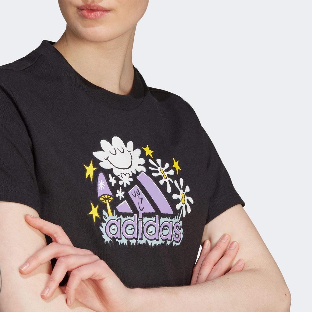 Adidas Doodle Letter Logo Cartoon Print Round Neck Short Sleeve T-shirt Women Tops Black IJ7327