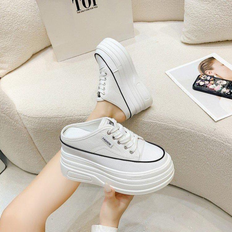 Fashion Bag Head Half Slippers Women's Outer Wear 2025 Autumn New One-pedal Canvas Shoes Versatile Platform High-heeled Sandals