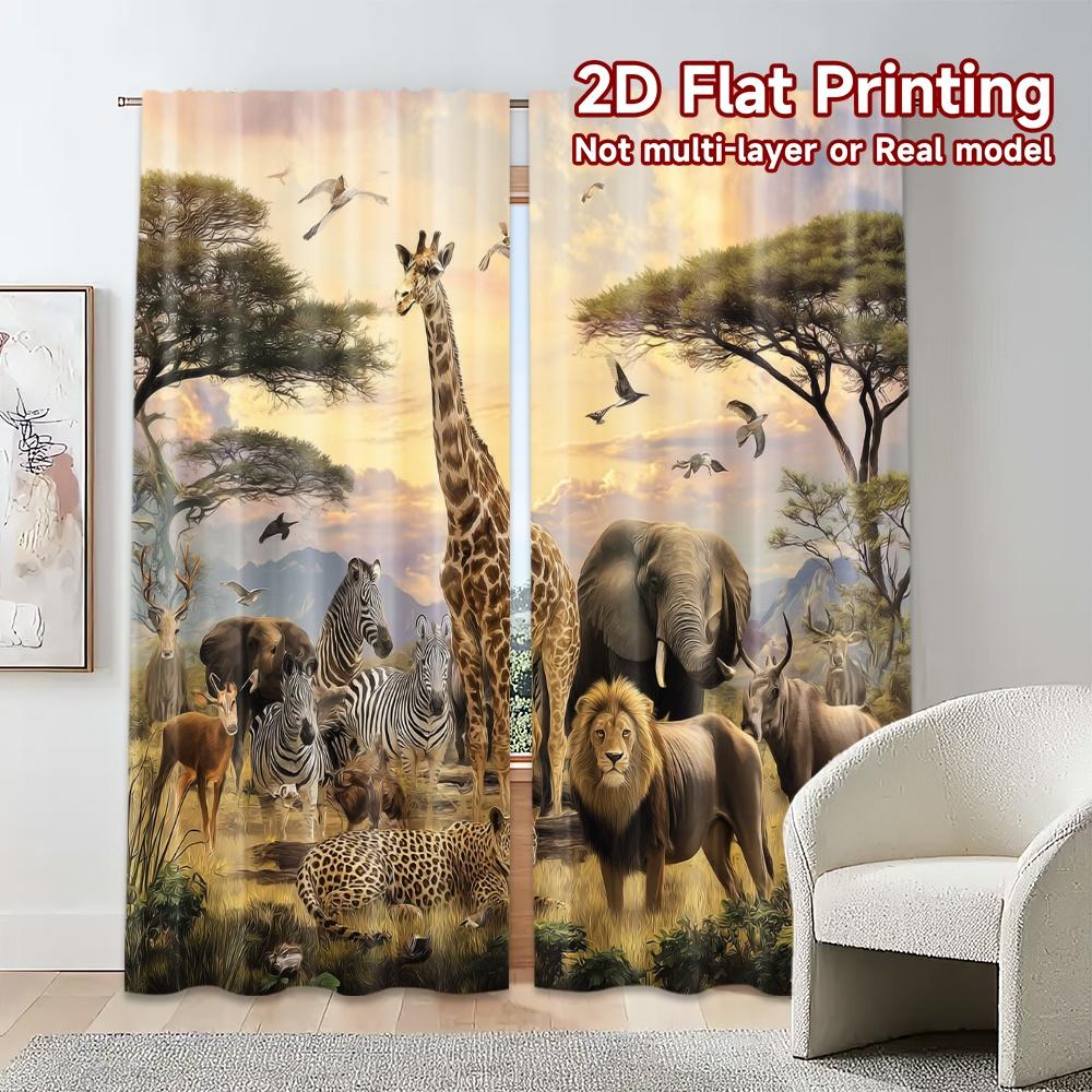 2pcs, 2D FLAT PRINTING Curtains (Without Rod) Savannah Harmony Popular Popular Curtain 100% Polyester Curtains Decorations
