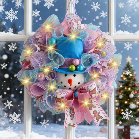 Christmas Snowman Wreath for Front Door Light Up Red/Blue Mesh Ribbon Candy Cane Wreath with Snowman Doll for Winter Home Wall Decor