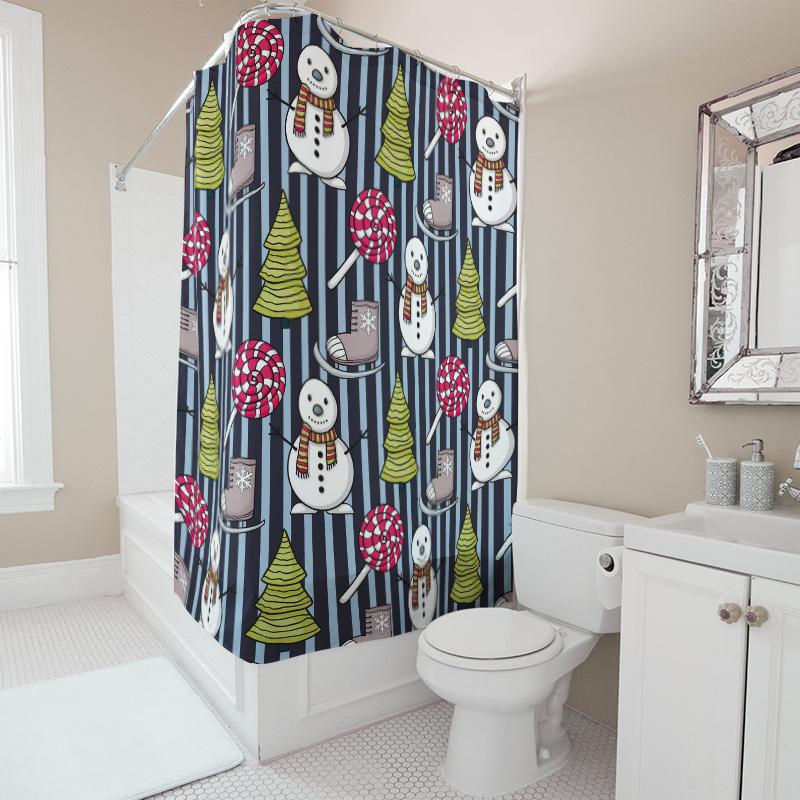 TU Festive Snowman Christmas Shower Curtain Waterproof Holiday Bathroom Decor Winter Village Backdrop Holiday Home Decor