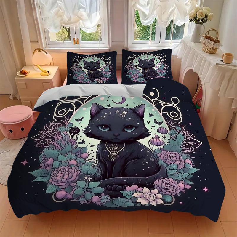 3pcs Witchy Cat Bedding Set, Including 1 Quilt Cover and 2 Pillow Shams, Without Filling, Soft and Comfortable Home Bedroom Fabric, Fashiona