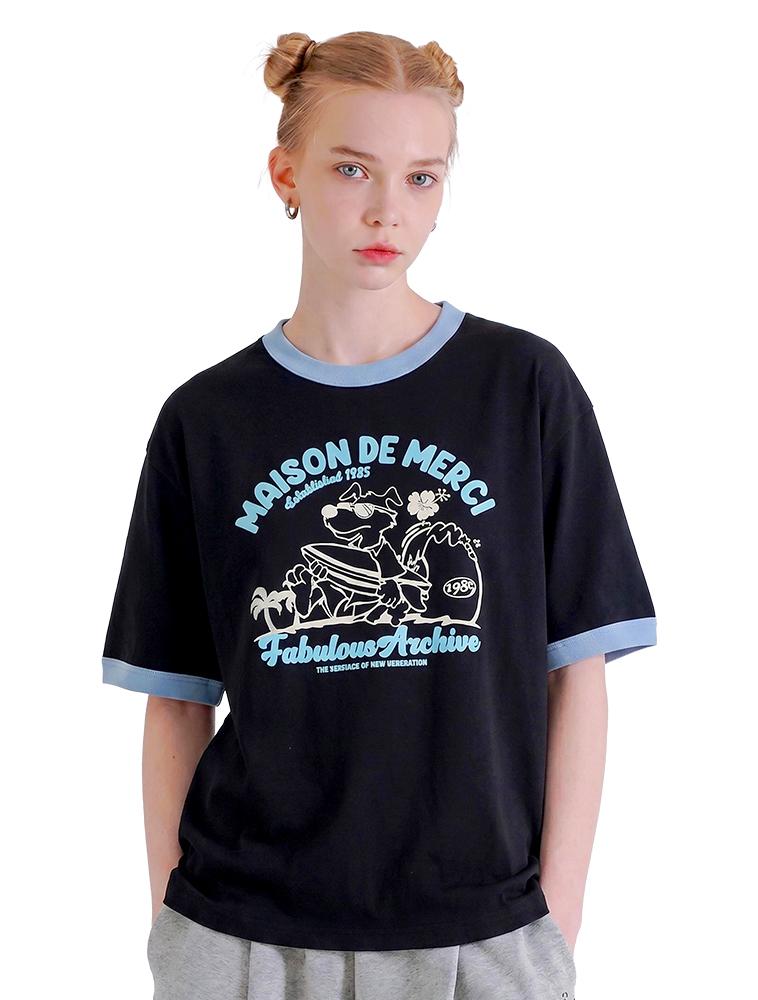 LA MAISON STUDIO Unisex Oversized Puppy Surfing Ringer Short Sleeve T-Shirt Black Blue (Fce2Ts401M)
