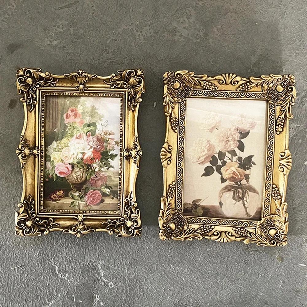 European Vintage Gold Photo Frame 6 Inch Resin Carving Picture Display Tabletop Ornament for Office Living Room Home Decor