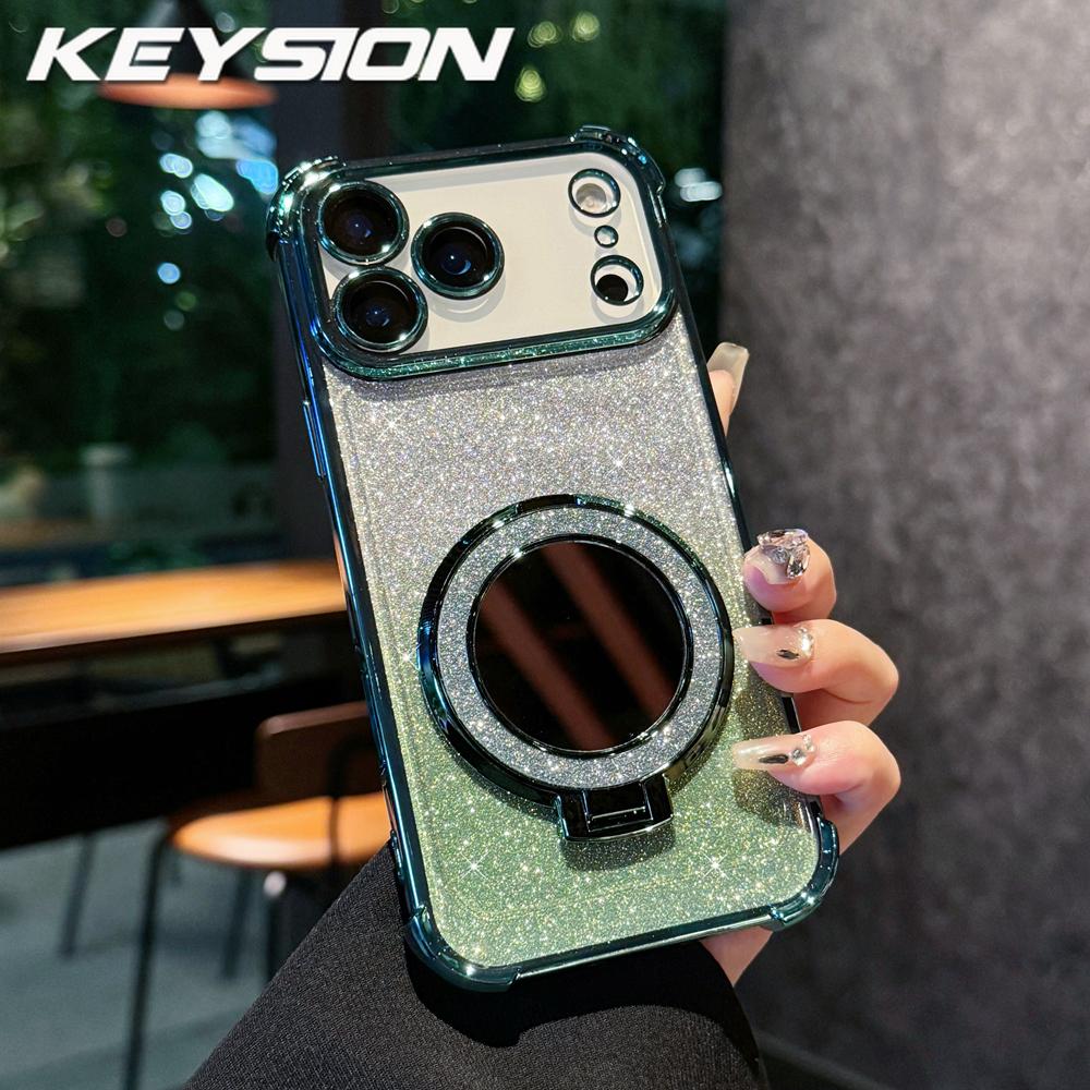 KEYSION Gradient Glitter Magnetic Phone Case for MagSafe for iPhone 17 Pro Max 17 Air Makeup Mirror Ring Stand Shockproof Cover