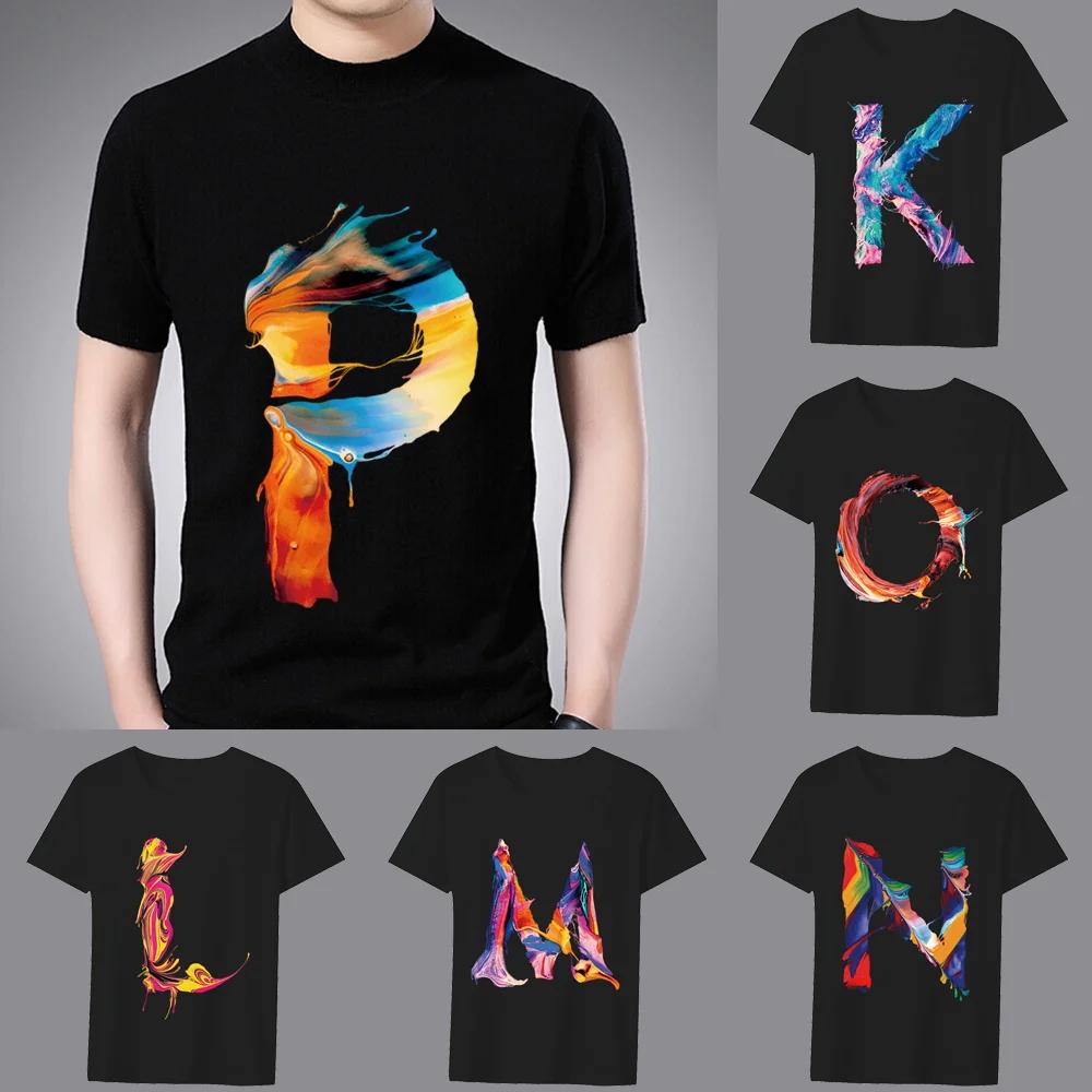 Fashion T-shirt Black Men's Paint Pattern 26 English Alphabet Paint Hot Stamping Series Casual O-neck Commuter Comfortable Top