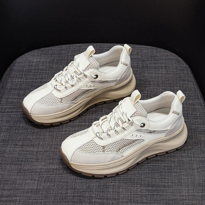 GKTINOO 2025 Spring Platform Sneakers Women Genuine Leather Mesh White Shoes Round Toe Lace-Up Thick Sole Flats Ladies Shoes