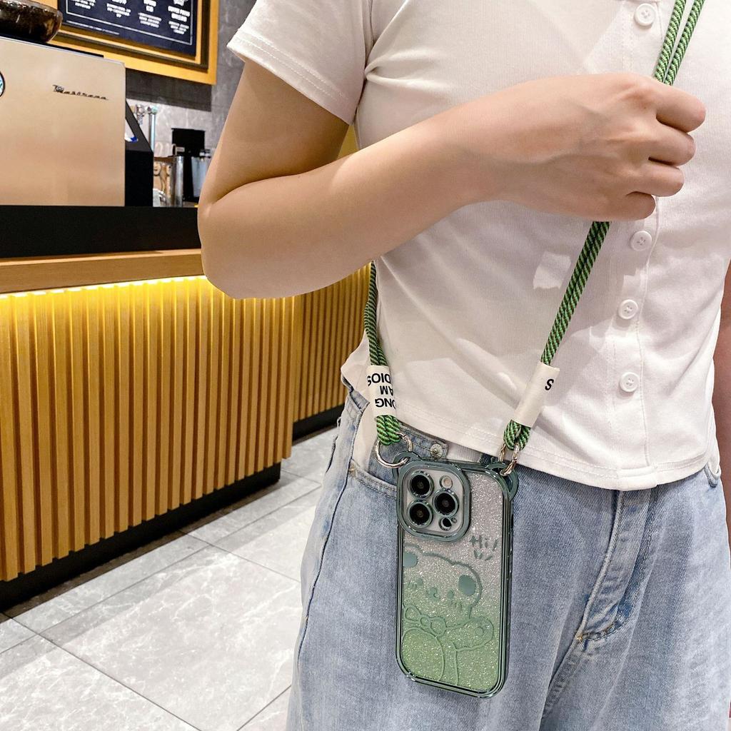 Crossbody Compatible iPhone 14 Case Apple 15 Cute Bear Electroplated Glitter 16 Full Coverage 13 Lanyard Phone Case