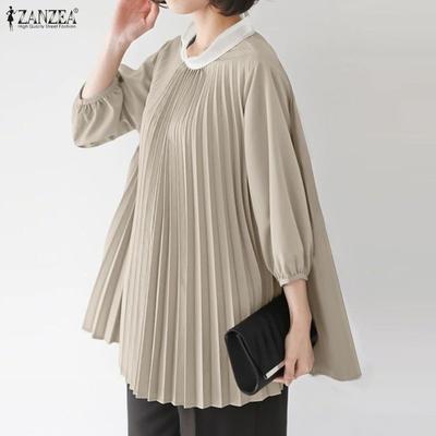 Blusa informal de manga larga con cuello redondo y color liso para mujer