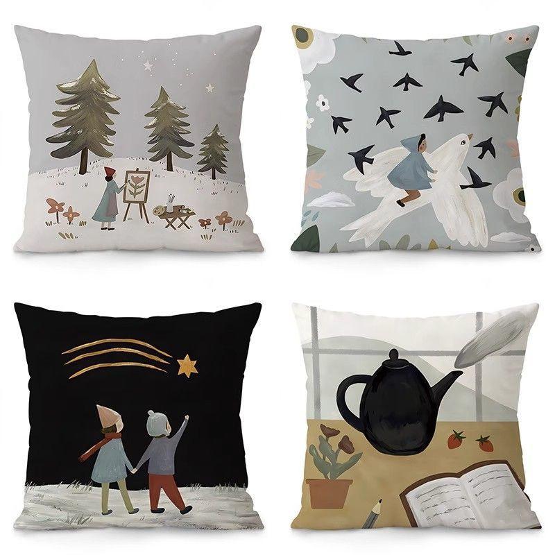 Cozy Desk Scene Throw Pillow Cover, Teapot & Book Pattern Cushion Case for Home Decor