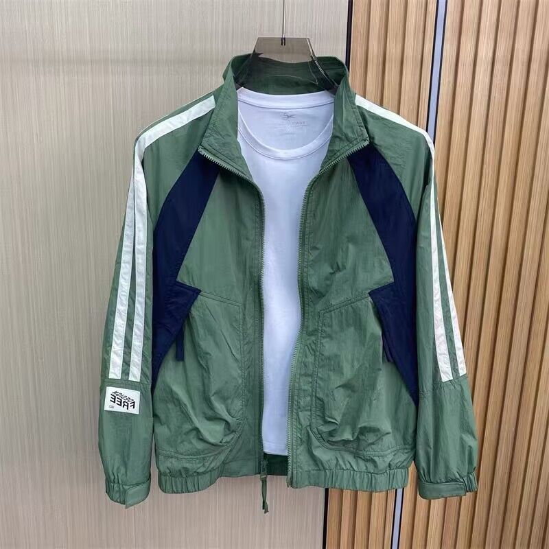 New Fashion Brand Striped Spliced Contrasting Cardigan Stand Collar Jacket