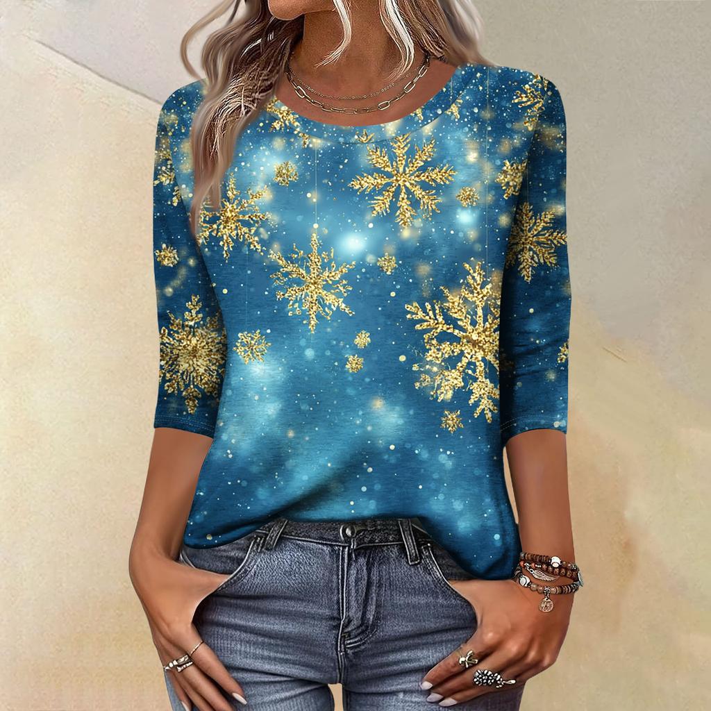 Women's Fashion Casual Christmas Tree Printed Round Neck Three-Quarter Sleeve T-Shirt Top