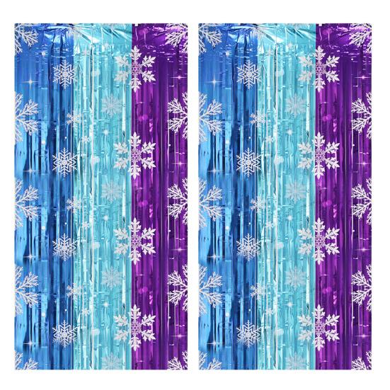 Snowflake Foil Fringe Curtains Metallic Silver Blue Snowflake Tinsel Streamer Photo Backdrop for Christmas Winter Wonderland Freeze Party Decoration