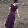Lanseer Elegant V-Neck Pleated Purple Midi Dress