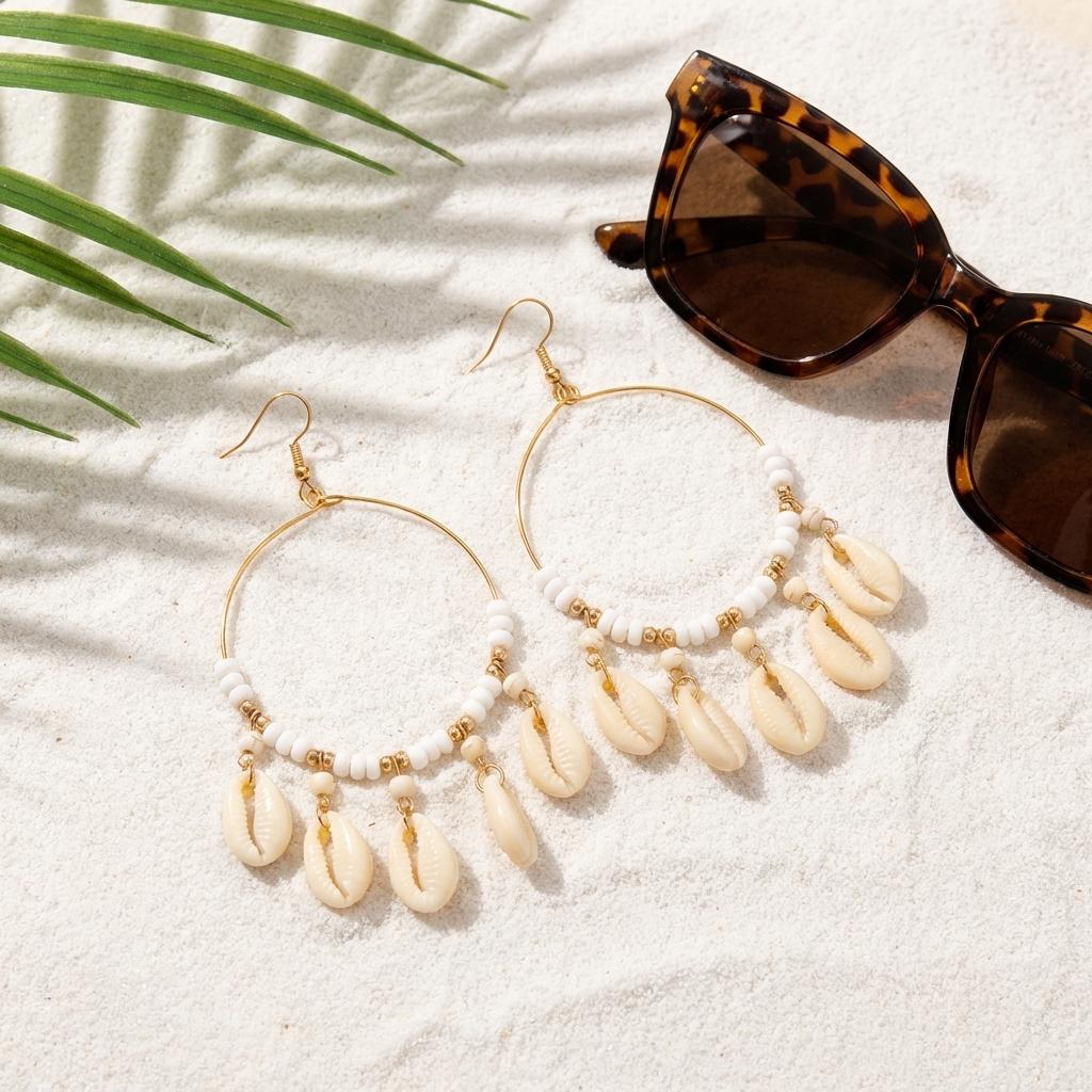 Minimalist Gold Color Hoop Shell Earrings for Women Coastal Aesthetic Jewelry Beaded Cowrie Dangle Summer Vacation Accessories