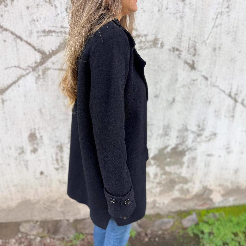 European & American Women's Woolen Coat: Casual Autumn/Winter Lapel Cardigan with Faux Pockets