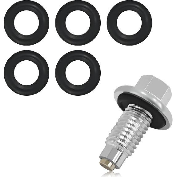 M12*1.75 Magnetic Oil Drain Plug with 5PCS Rubber Crush Washer Oil Pan Drain Plug Gasket, Stainless Steel Sump Drain Nut Bolt Anti Leakage