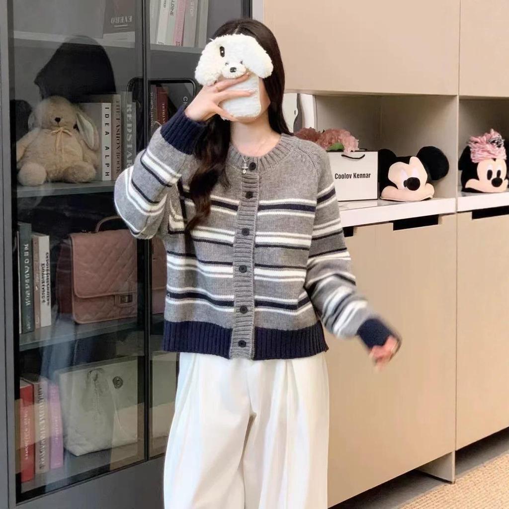 Forest Academy Style Women's Striped Cardigan - Single-Breasted Knitwear for Autumn/Winter