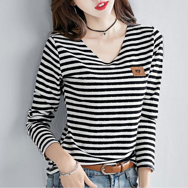 

Весна Осень Приталенные Полосатые Пуловеры Корейские Дизайны с Патчами Женская Одежда Длинный Рукав Элегантный Повседневный О-образный Вырез Все-сочетаемая Футболка XXXL чёрный