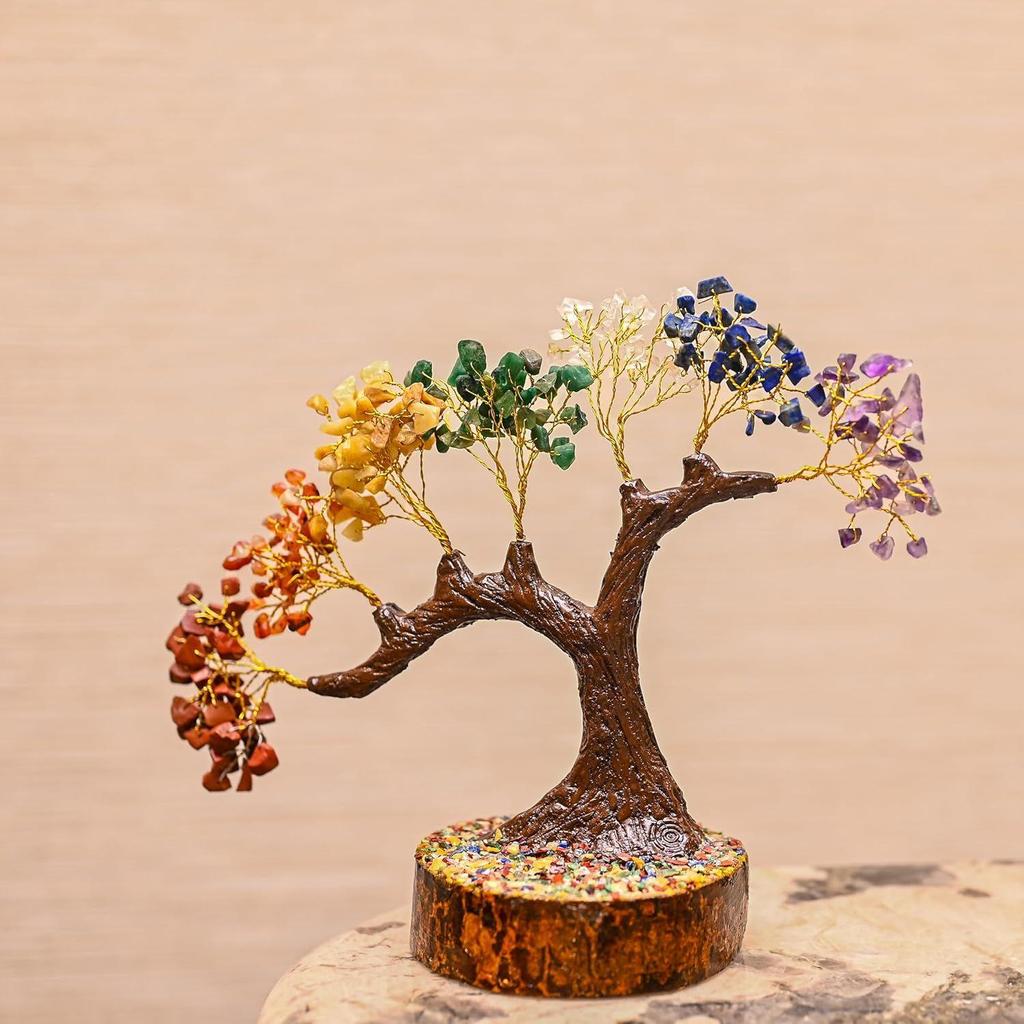 Seven Chakra Crystal Tree – Handmade Feng Shui Bonsai Tree with Natural Gemstones on Wooden Base – Decorative