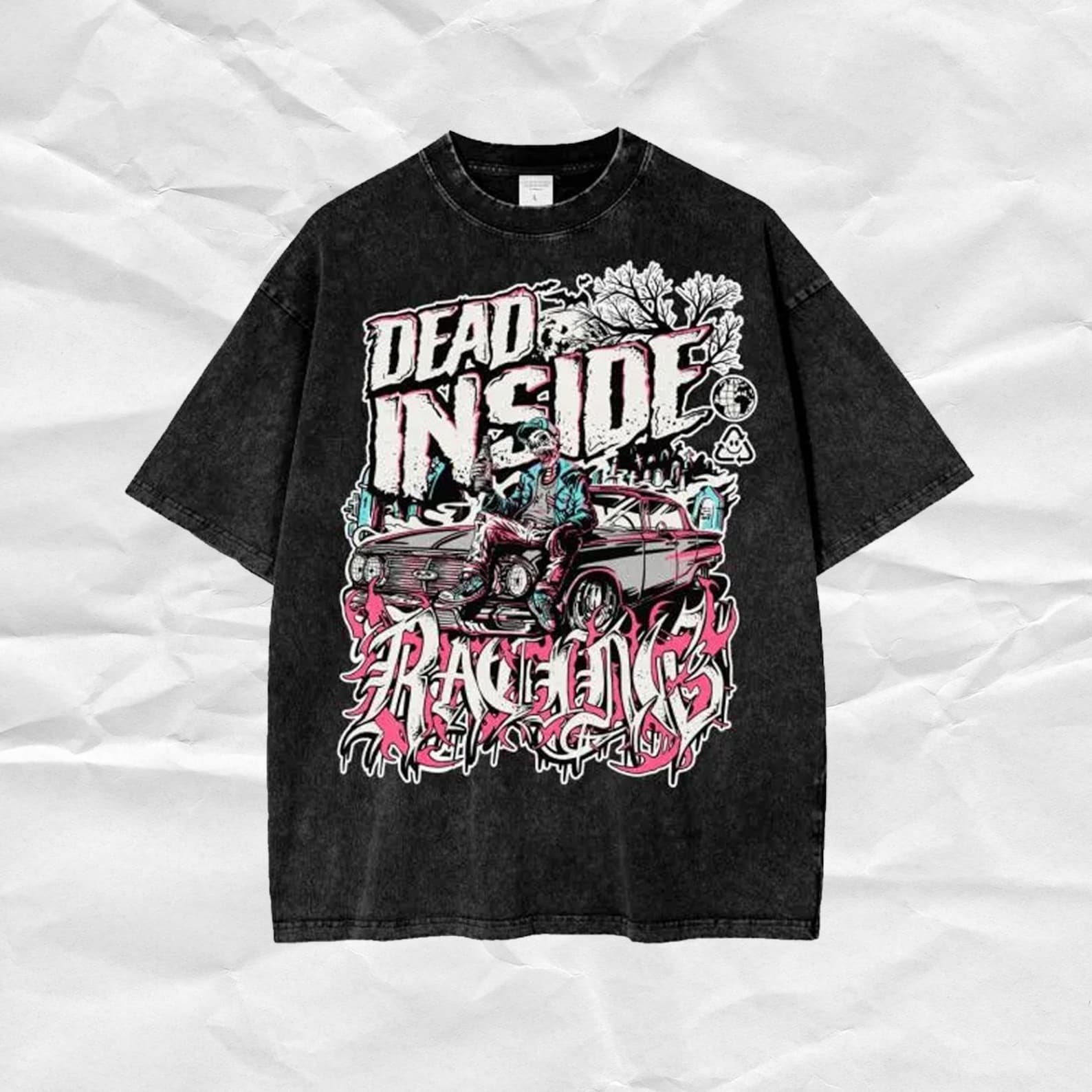 Dead Inside Racing T-shirt, Zombie Impala Graphic, Oversized Grungy Style M