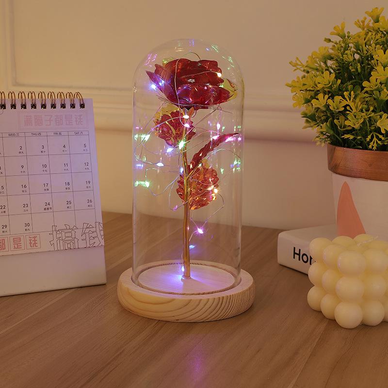 Gold Leaf Preserved Rose in Glass Dome with LED Light