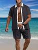 Mens Casual Color Block Breathable Thin Beach Shirt Shorts Set