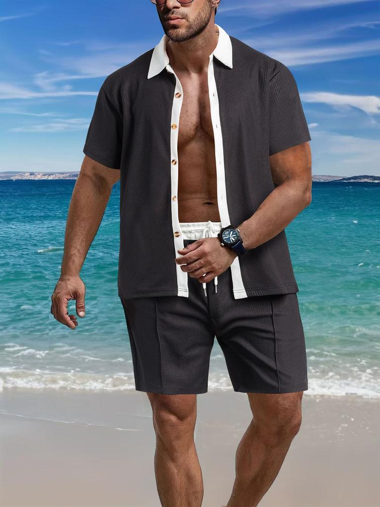 Mens Casual Color Block Breathable Thin Beach Shirt Shorts Set