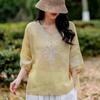 Light Yellow V Neck Embroidered Three Quarter Sleeve Linen Blend Blouse for Women