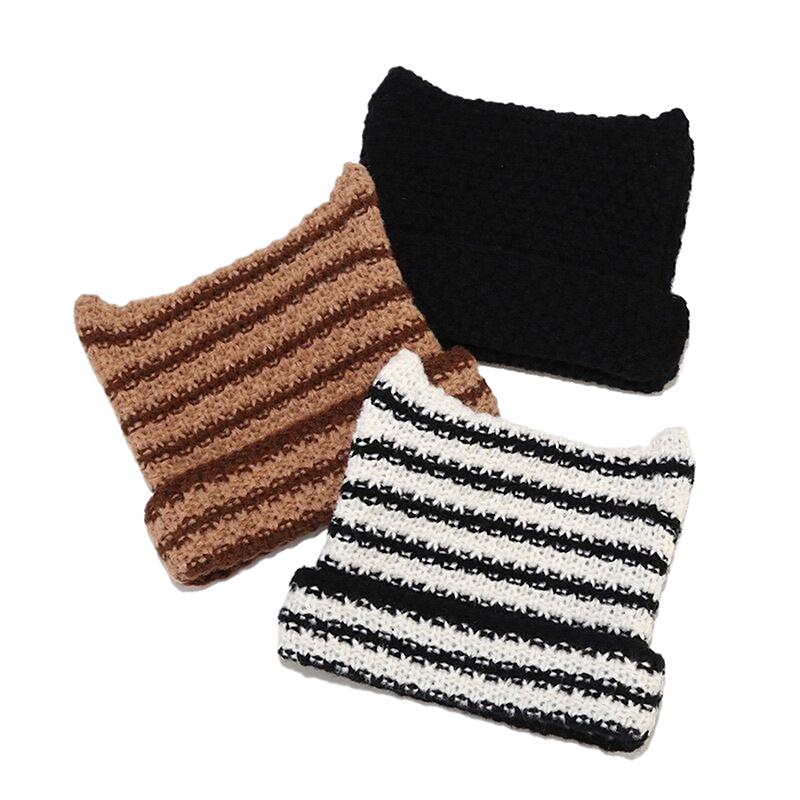 Japanese Streetwear Harajuku Beanie Little Devil Striped Knitted Hat Women Girls Autumn Winter Cute Cat Ears Cap