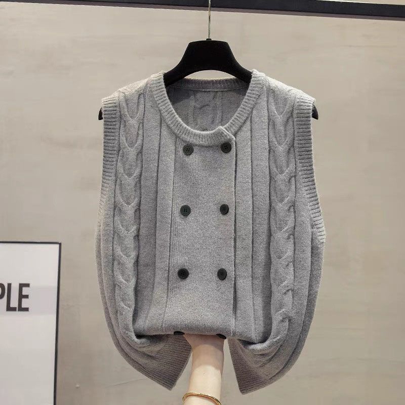 Round Neck Knitted Cardigan Vest Women's Spring Autumn Loose Outerwear Cable Knit Sweater Waistcoat