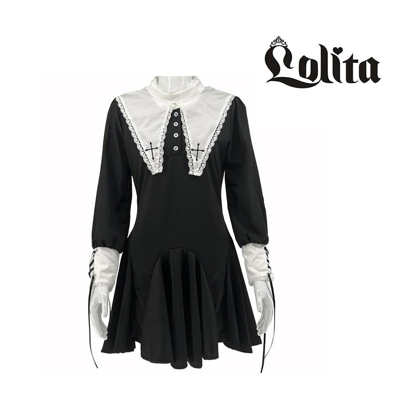 Nun Hallween Lolita Costume Polyester Fabric Party Girl Clothes Props Black